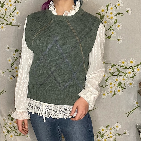 Vintage Jackets & Blazers - Vintage 80s wool dark academia olive green argyle knit boxy grandpa sweater vest